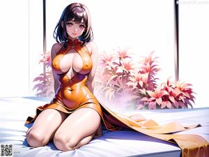 A woman in a yellow bathing suit holding a yellow ribbon.
